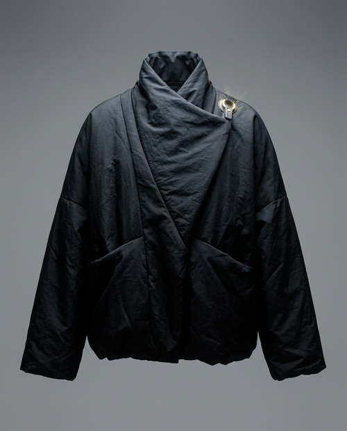 Black Padded Jacket, front view with the wrap collar closed and gold ring detail at the shoulder