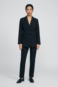 Crossline Blazer – full-length front view of the buttoned black blazer with matching trousers and loafers