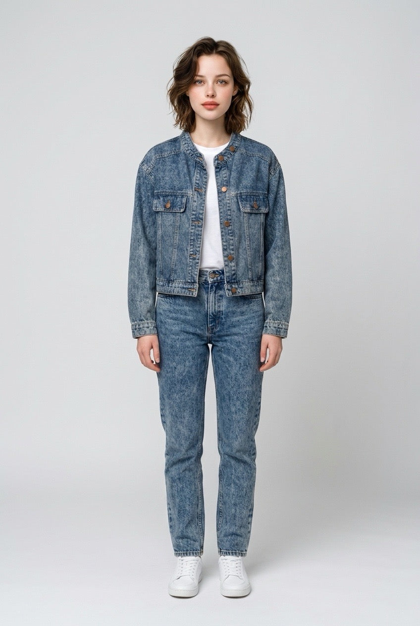 Washed Blue Racer Denim Jacket(Blue)