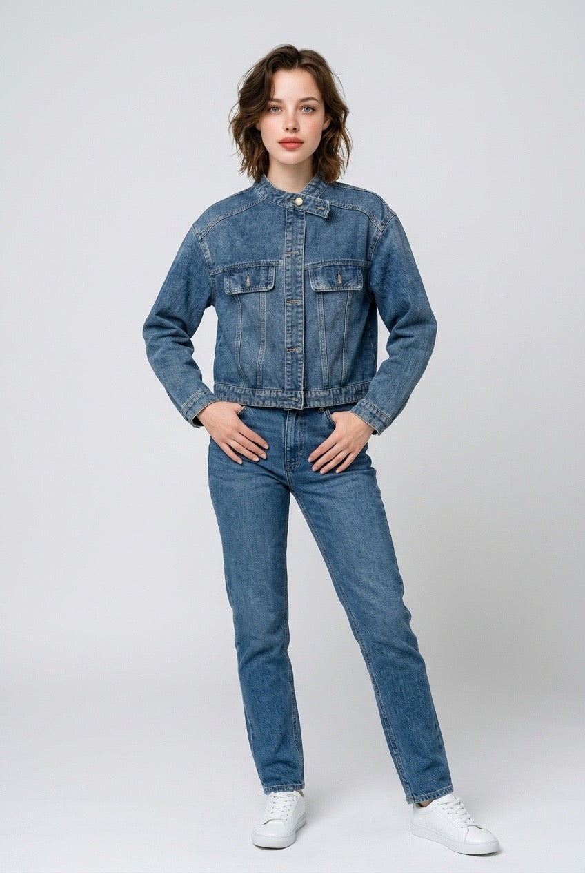 Washed Blue Racer Denim Jacket(Blue)