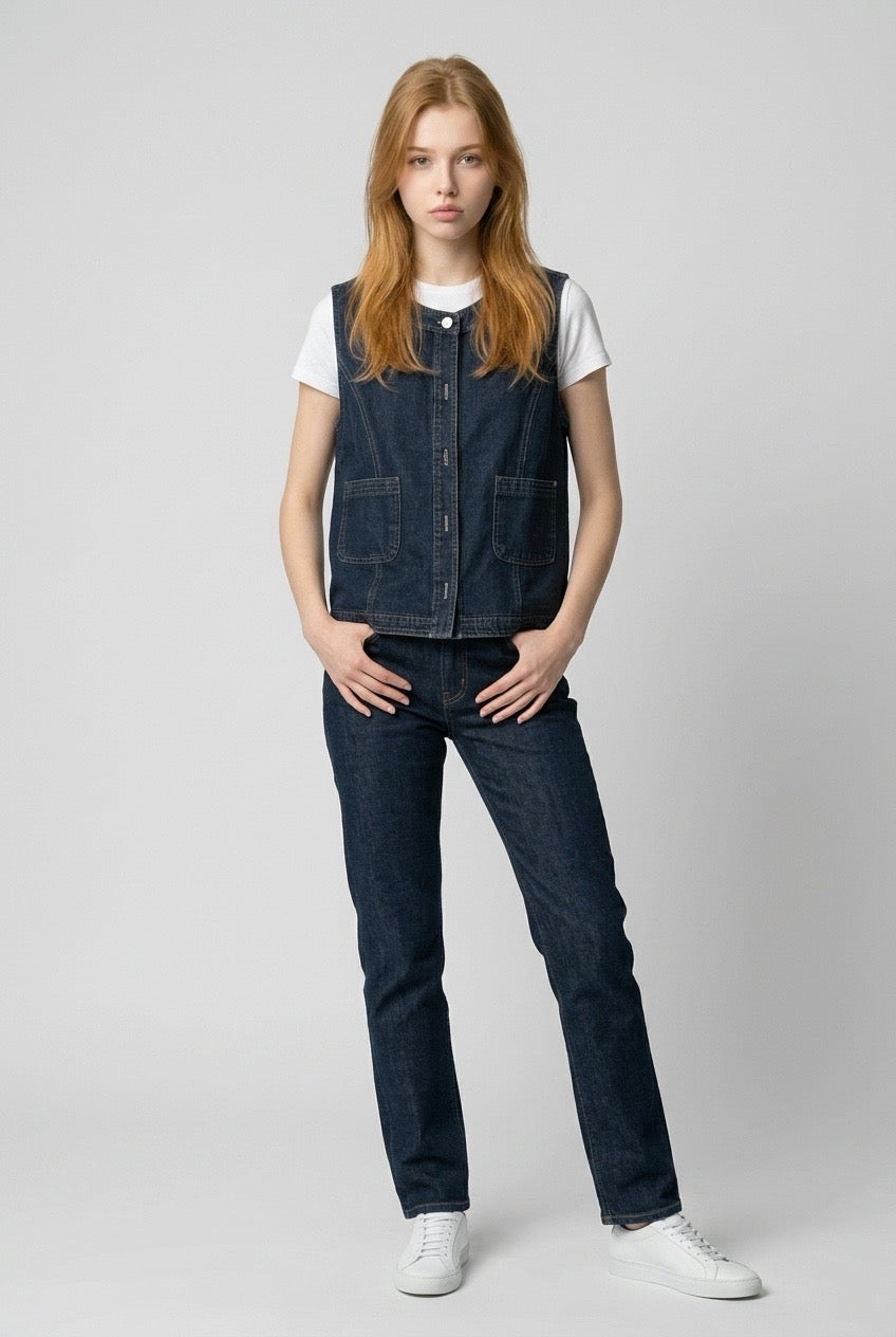 Cropped round-neck denim vest worn over a white tee with dark jeans