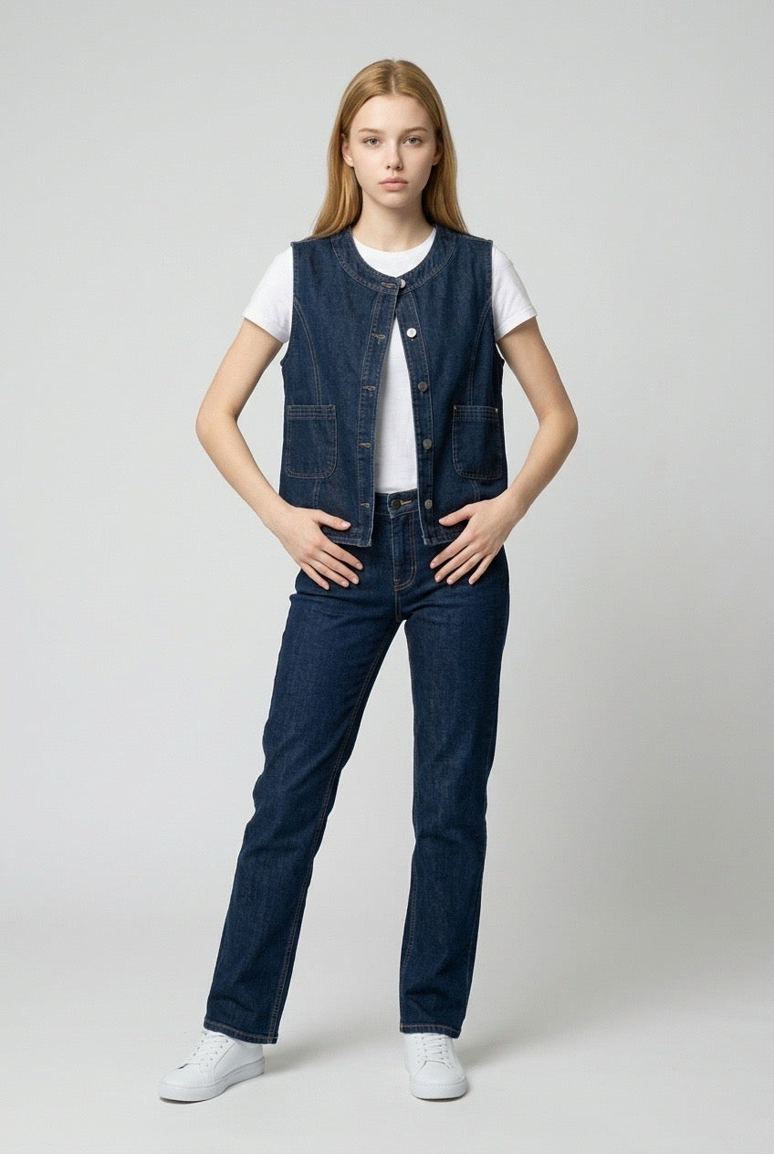 Front view of the denim vest with two patch pockets, layered over a white tee