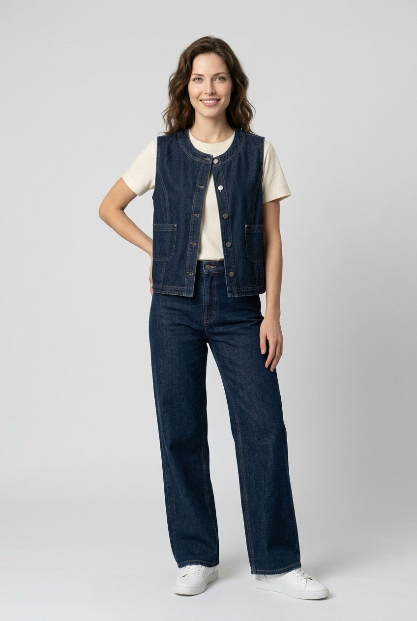 The Halo Denim Vest layered over a cream tee with indigo jeans, model with hands on hips