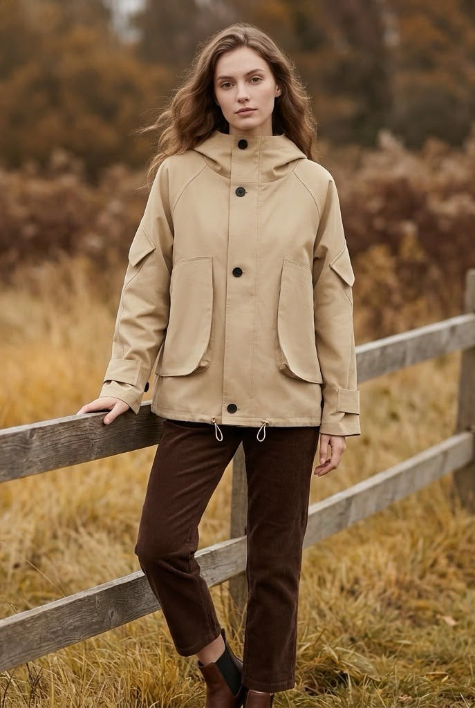 Model wearing the TOFUITO Hooded Cropped Trench Coat in camel with brown corduroy trousers, leaning on a wooden fence in an autumn field