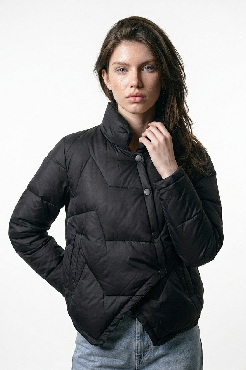 Black Diamond Light Down Jacket – front close-up with stand collar and angled quilting