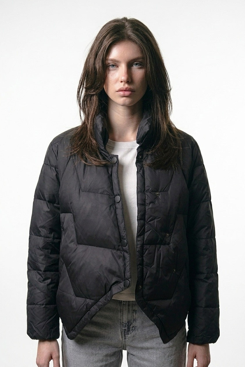 Black Diamond Light Down Jacket – worn open over a white top, pointed front hem