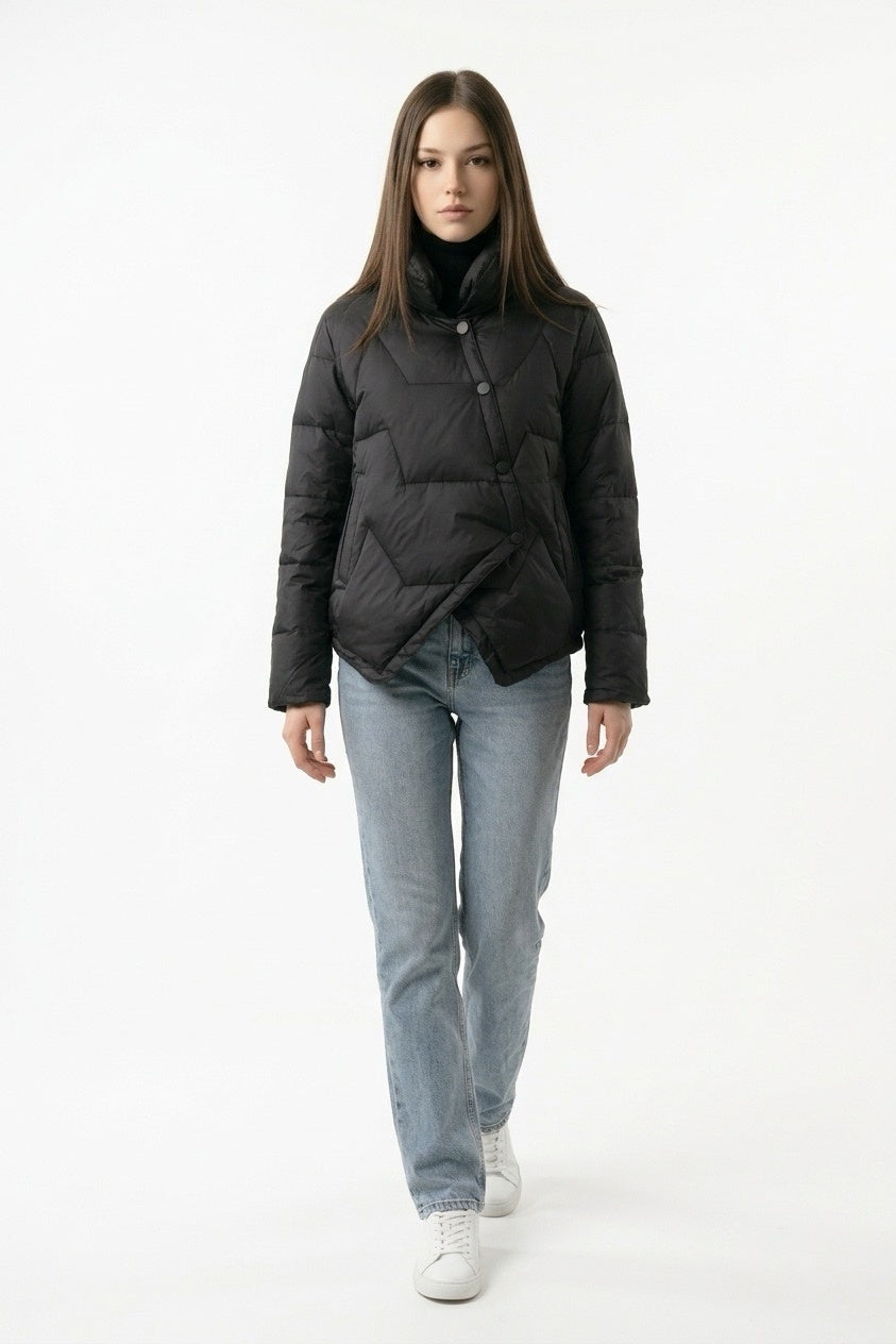 Black Diamond Light Down Jacket – full-length front view with light blue jeans