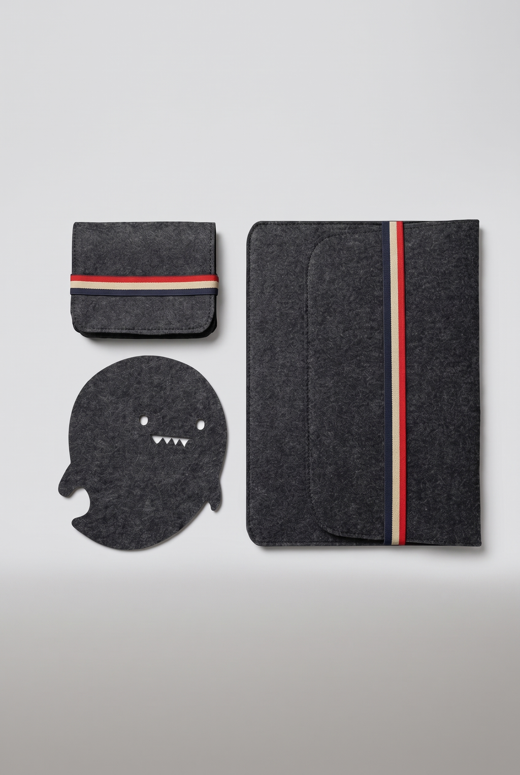 Charcoal felt laptop sleeve, organizer pouch and ghost mousepad set