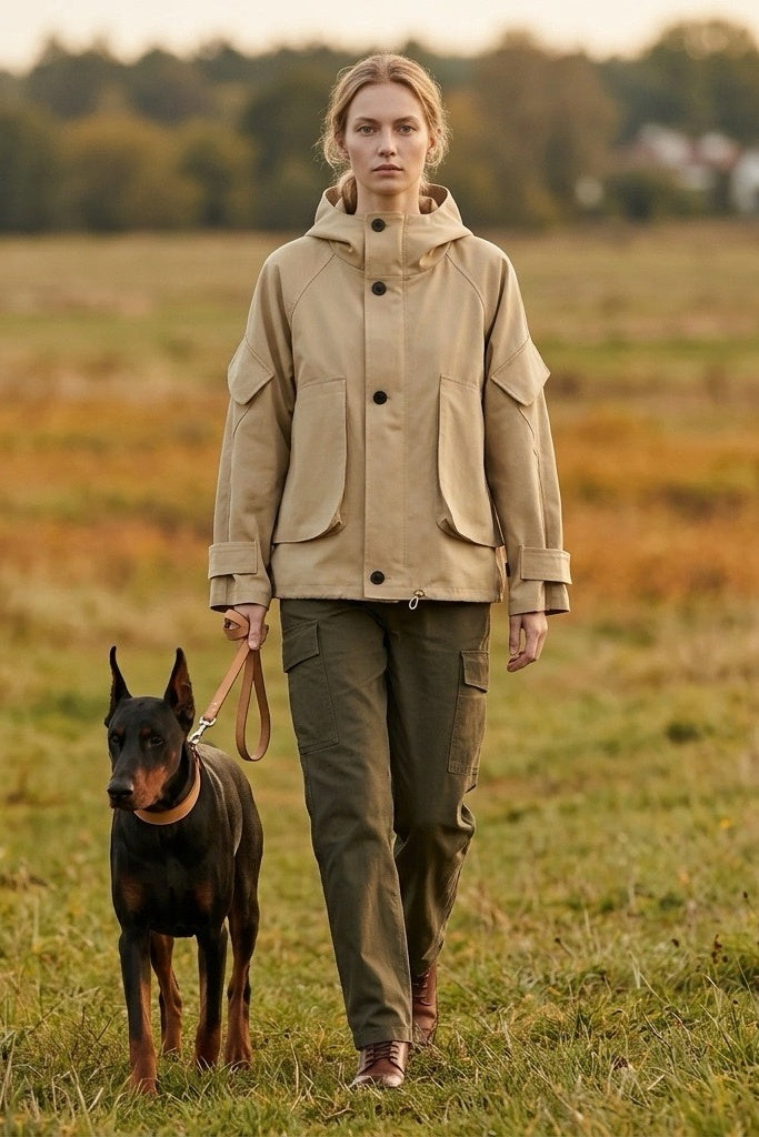 Camel Vista Smart Trench – walking a dog across a field