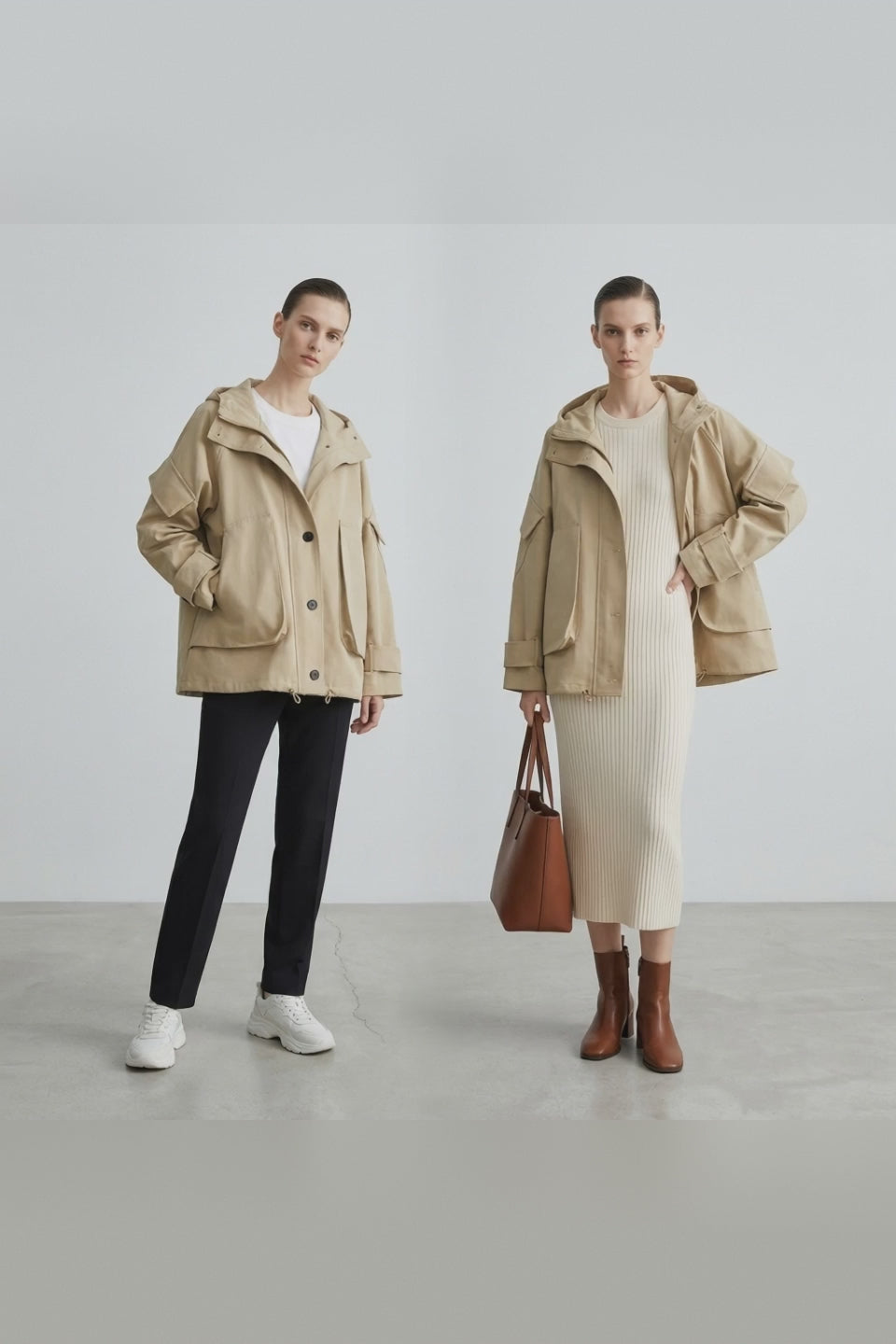 Camel Vista Smart Trench – video of two models, one turning to show the side and back