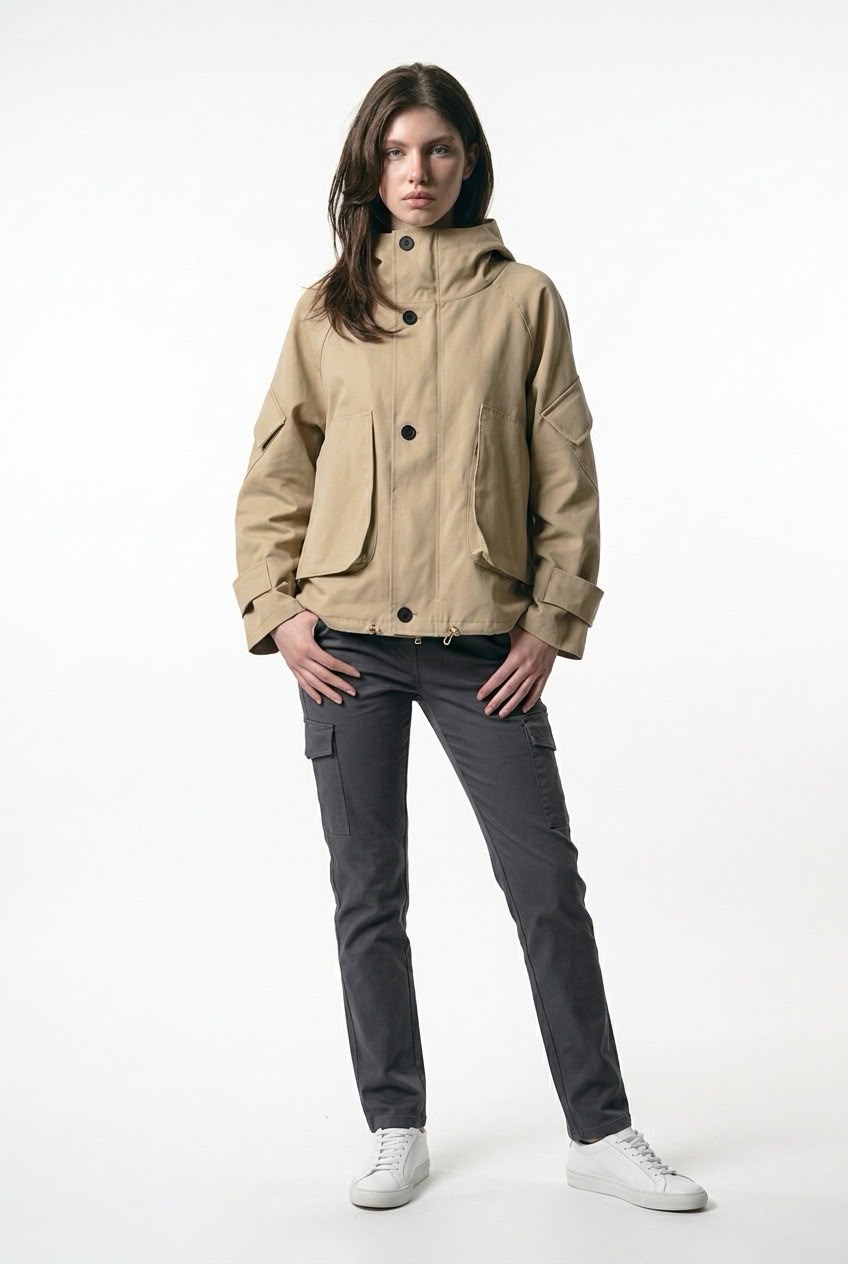 Model wearing the TOFUITO Hooded Cropped Trench Coat in camel with grey cargo trousers, hands in pockets, on a white background